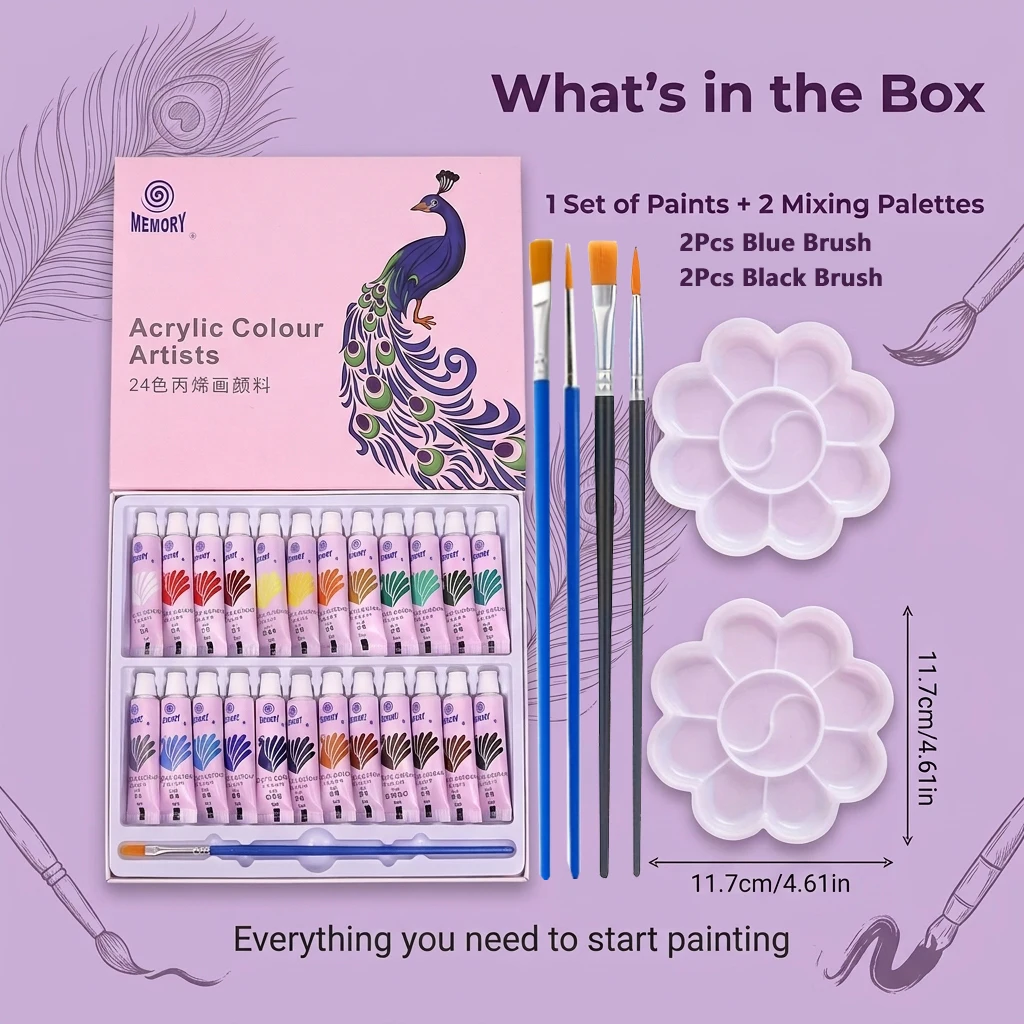 Kit di pittura acrilica 12/24 colori da 5 ml ciascuno con 2 vassoi per miscelare e 4 pennelli per pittura a olio per studenti per creare opere d'arte