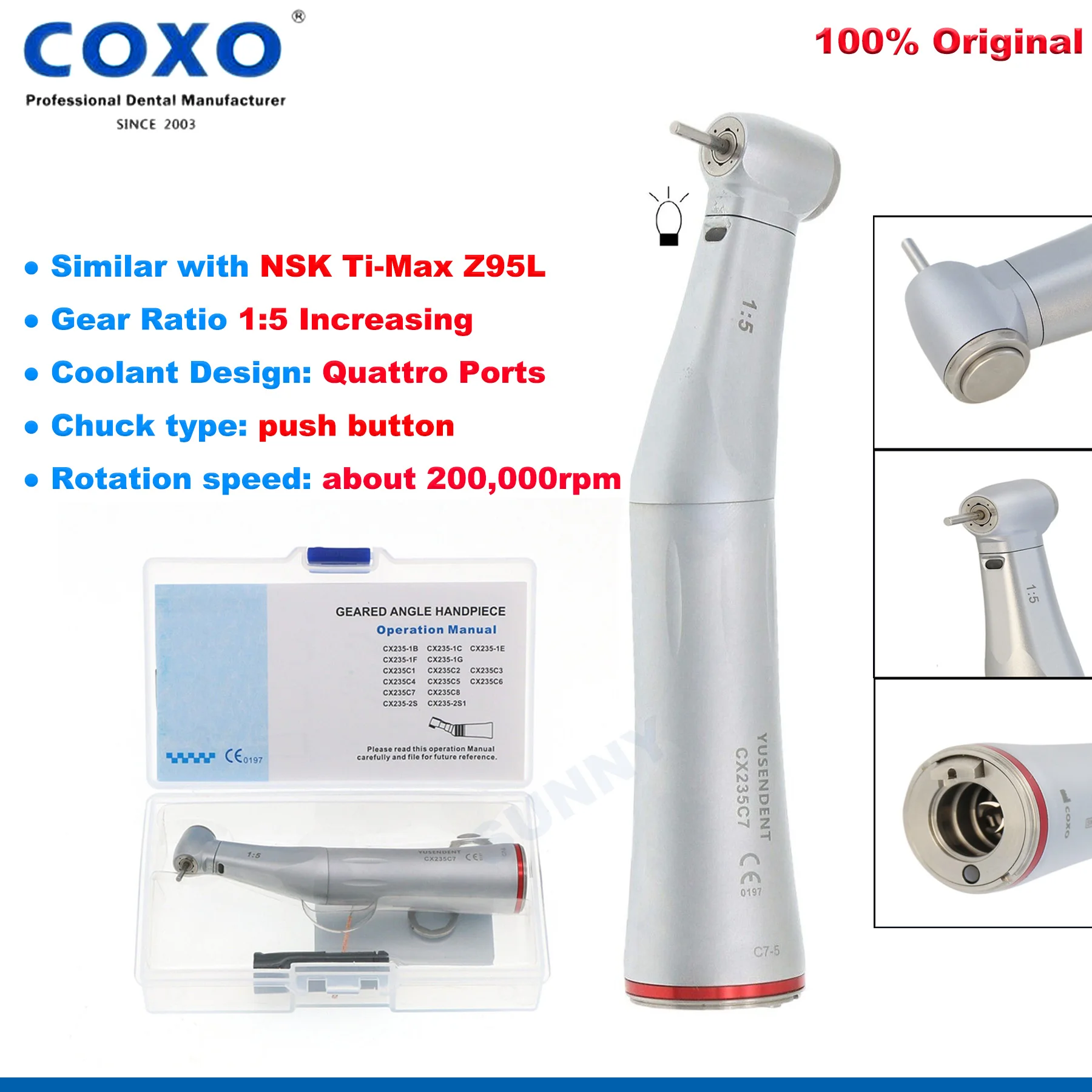 

COXO Dental 1:5 Speed Up Fiber Optic Contra Angle Electric Handpiece Dental Speed Handpiece Fit NSK