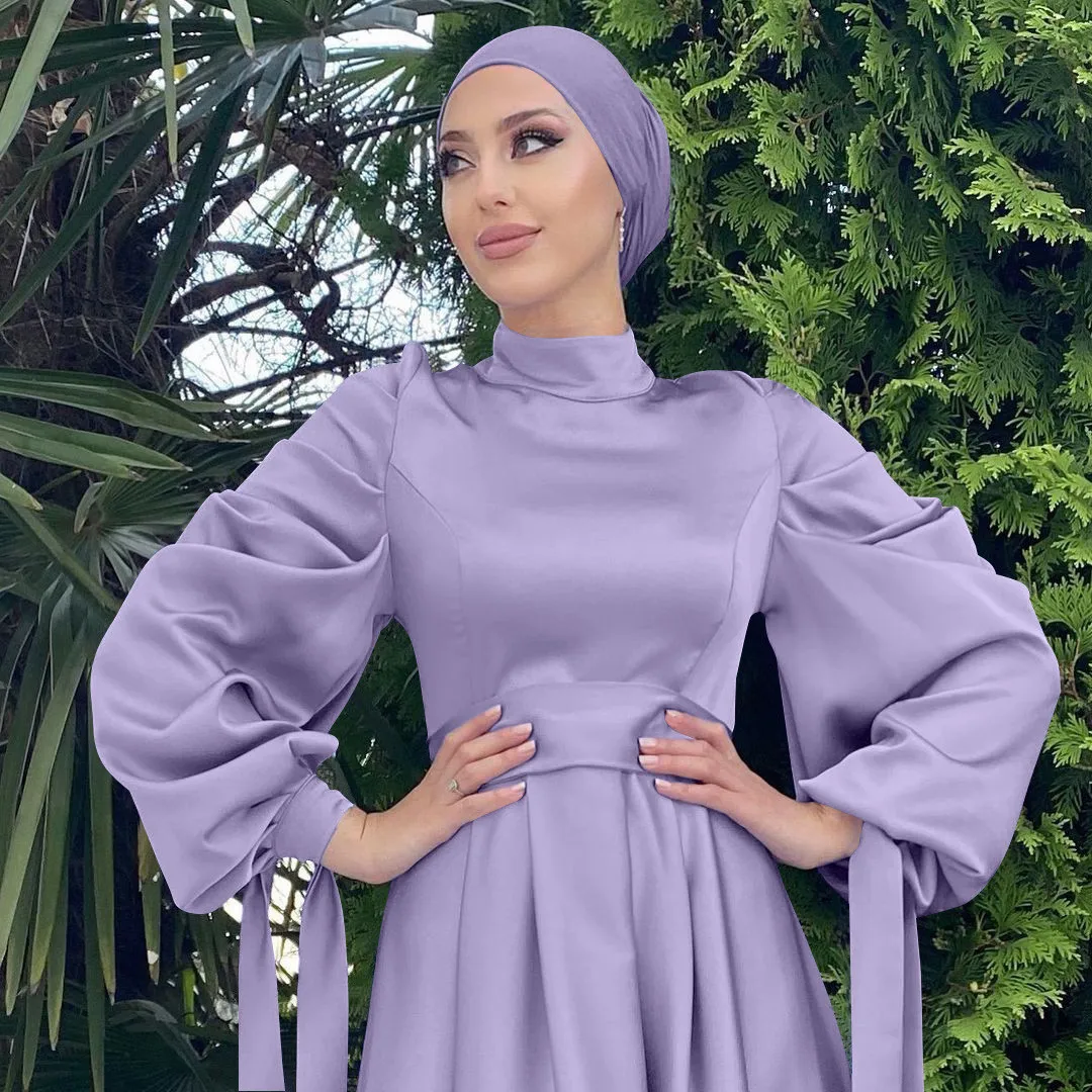 Muslim Clothing 2023 Women Islamic Satin Dress Arabic Pleated Abaya Dubai Balloon Sleeve Eid Mubarak Turkish Long Dresses Kaftan