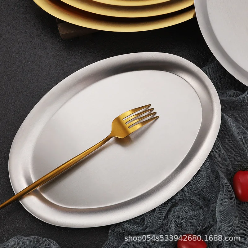 304 Stainless Steel Oval Plate, Gold Barbecue Plate, Light Flat, Thickened Fish Dinner Denier Tray, Dessert Plate