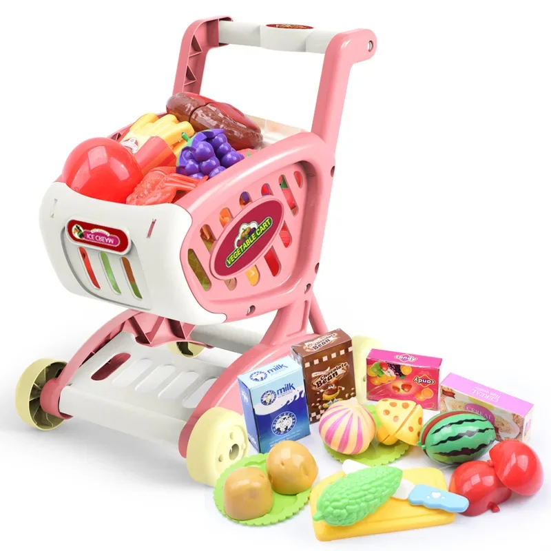 Children's Educational Toy Set Supermarket Shopping Cart with Trolley Cutting Food Fruit Simulated Play 15PCS Girls' Simulation