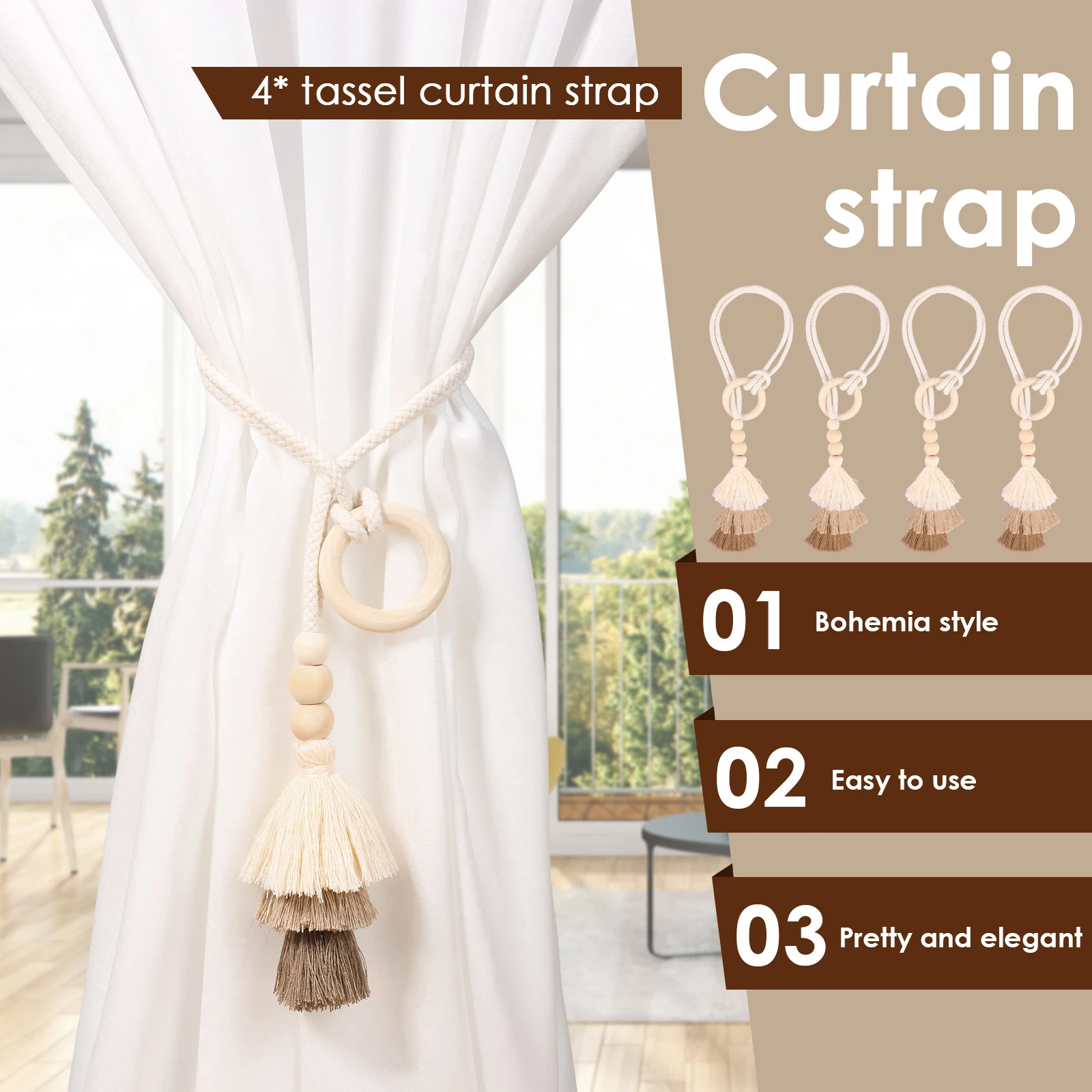 4/6 Pcs Curtain Tiebacks Fringed Wooden Ring Curtain Tieback Bohemian Style Curtains Clasp for Bedrooms Room and Home Decoration