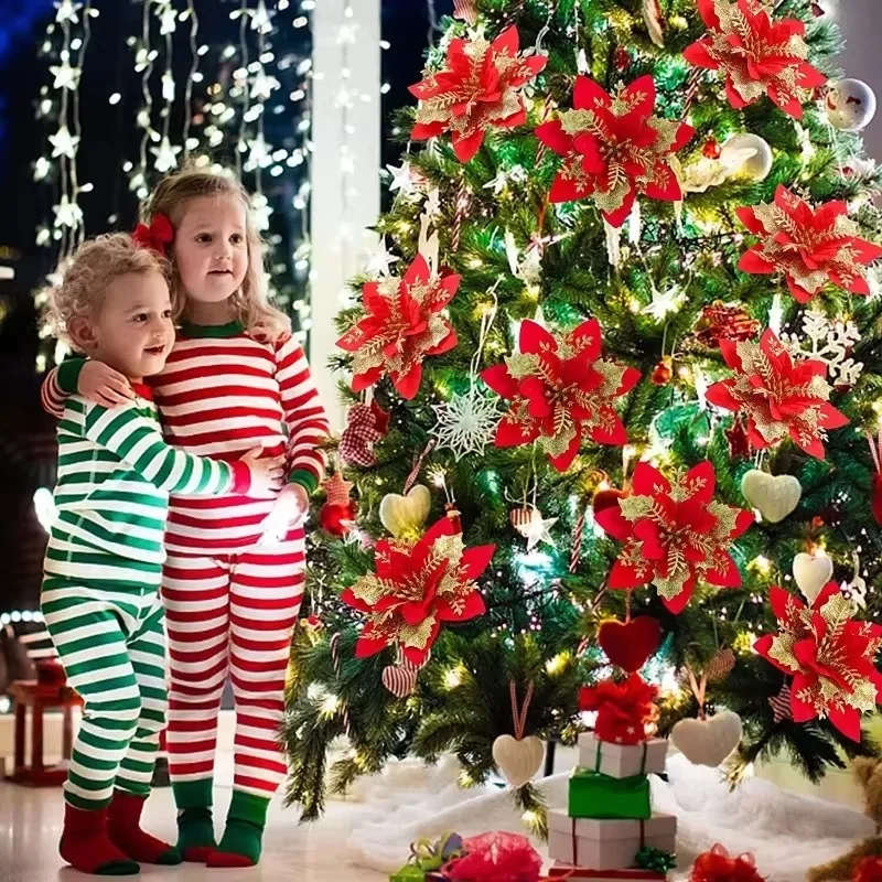 15 Decorazioni Natalizie Glitterate A Forma Di Stella Di Natale – Fiori Artificiali Con Stelo Per Albero, Ghirlande E Matrimoni (Oro)