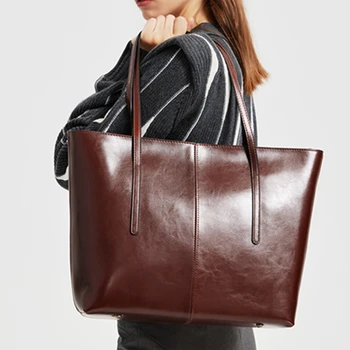 BURMINSA Vintage Genuine Leather Tote Bags For Women Luxury Elegant Office Work Shoulder Handbags Large Capacity Shopping Purses