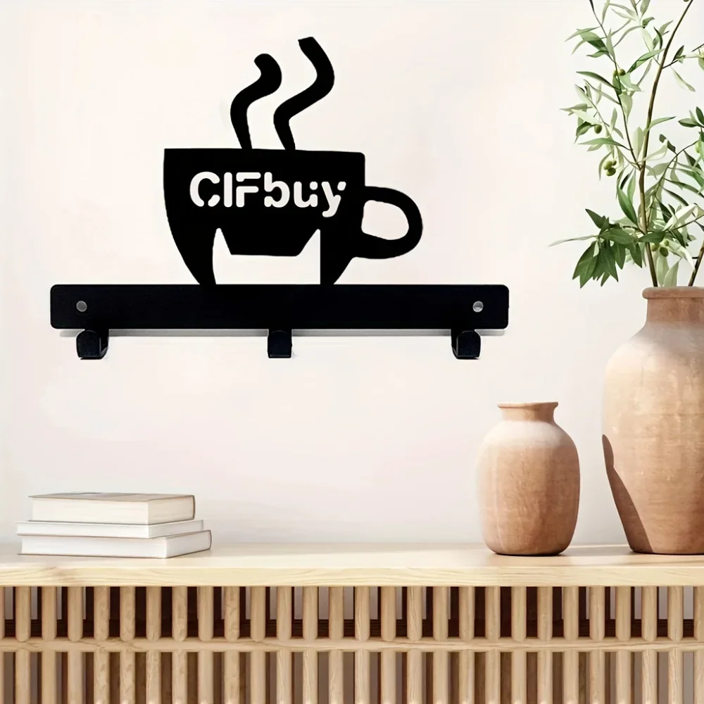 1pc Metal Key Holder Hooks Organizer Rack Wall Mounted Decor Metal Coffee Cup Rack with Coffee Sign for Bar Kitchen Organizer 5