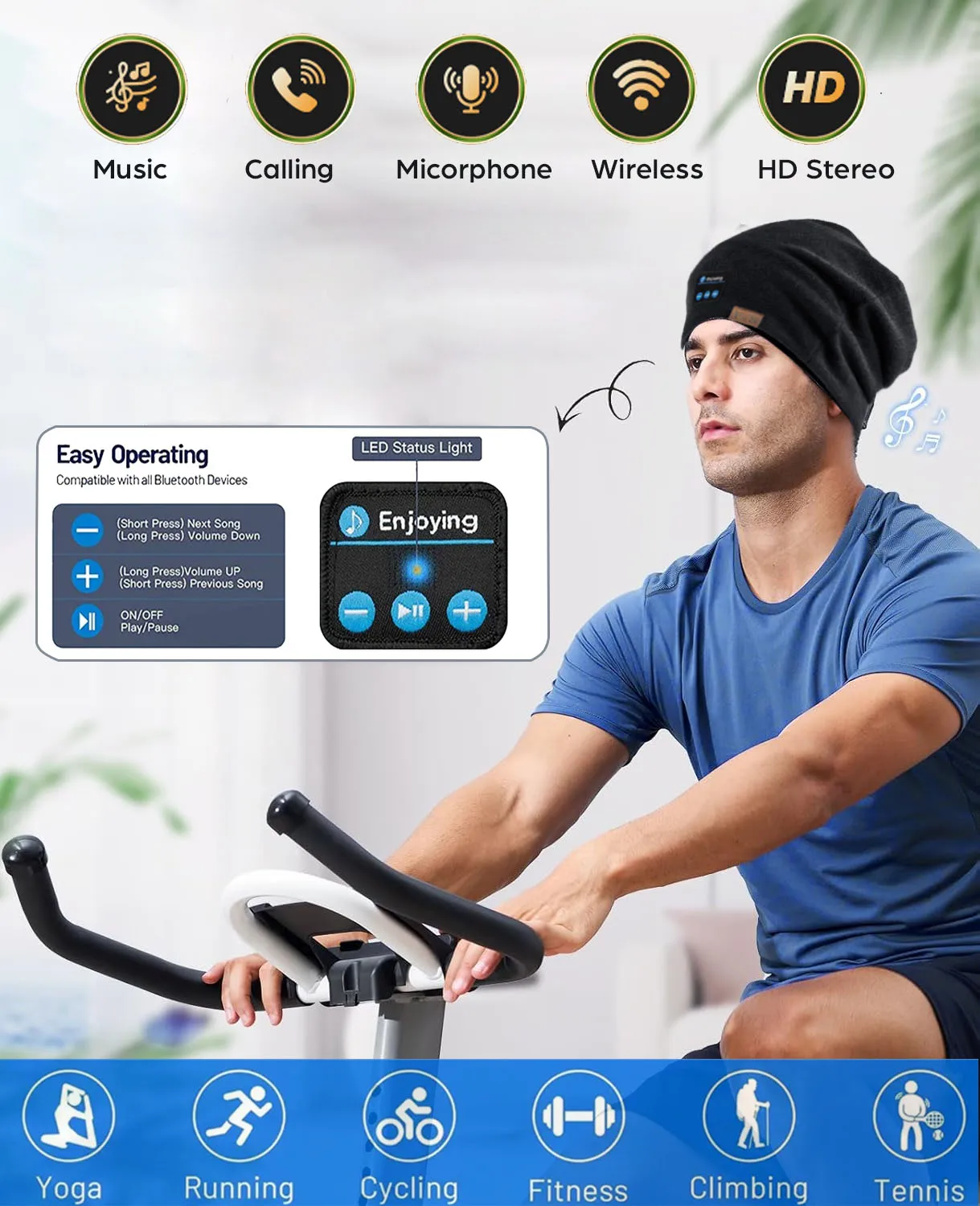 Wireless Bluetooth Music Headphones Outdoor Winter Sport Hat Wireless Stereo Music Headset Warm Beanie Cap Microphone Unisex