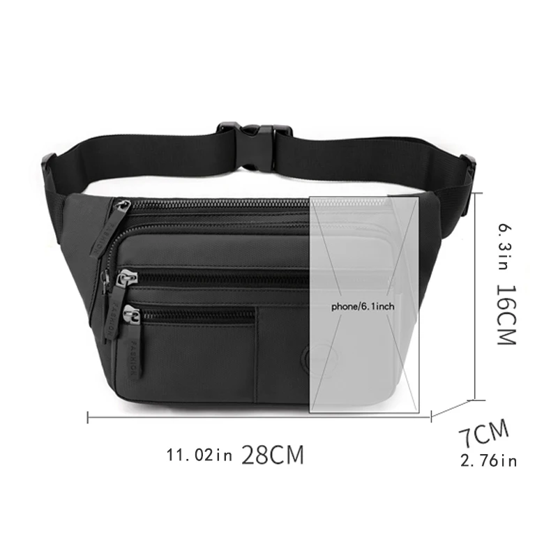 Men's multi compartment cross waist bag with adjustable strap and travel necessities, suitable for daily commuting, outdoor and
