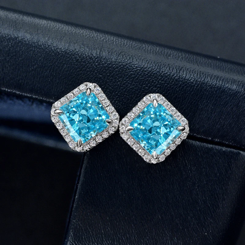 OEVAS 100% 925 Sterling Silver 7*7mm Aquamarine Yellow Pink High Carbon Diamond Stud Earrings For Women Sparkling Fine Jewelry