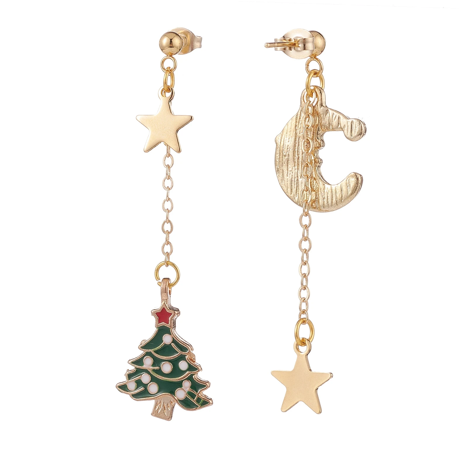 Kissitty 20Pairs Colorful Christmas Tree Moon Alloy Enamel Dangle Stud Earrings Long Tassel Asymmetrical Earrings for Women Gift