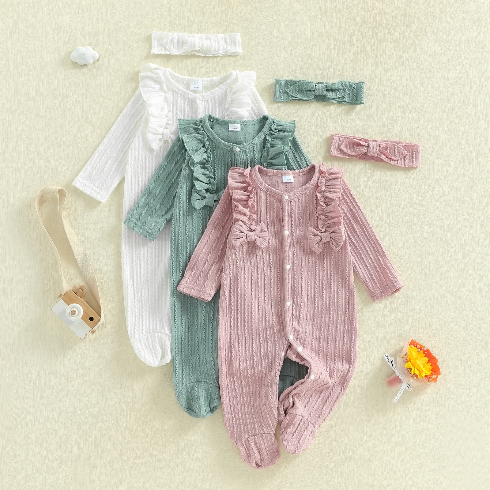 Baby Girl Footed Romper Duck Solid Color Bow Ruffled Long Sleeve Round Neck Jumpsuit with Bow Headband 2