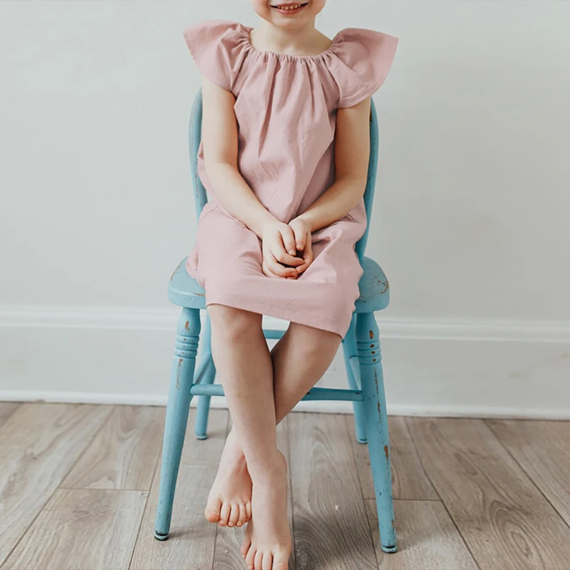 Girl Dresses Summer Linen Bamboo Fiber Blend Solid Color Cute Flying Sleeve Princess Dresses Children Clothing