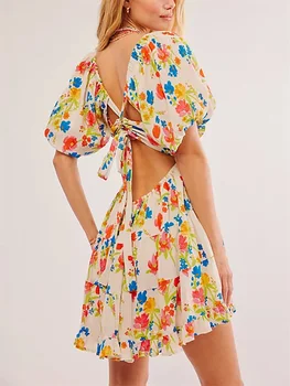 Women Mini Dress Floral Print Tie-Up Front Short Sleeve Dress Summer Casual A-line Dress 3