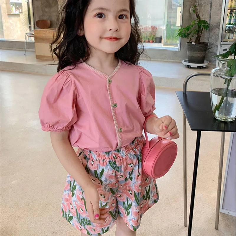 

Girl's Summer Clothing Set Korean Solid Blouses + Shorts Outfits Children Sweet Party Clothes Baby Short Sleeves Costume