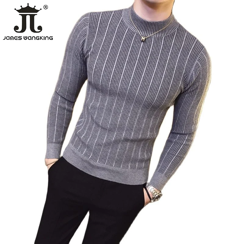 

Pullover Men's Sweater High-end Brand Fashion Boutique Cotton Striped Mens Casual Slim Turtleneck Sweater Male Half-high Collar