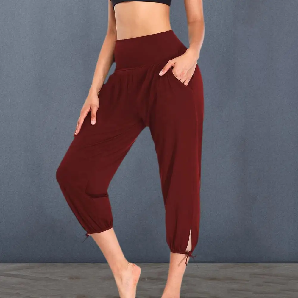 

Stretchy Cropped Pants for Women Mid-calf Length Pants Stylish Women's High Waist Yoga Pants with Pockets Solid Color for Casual