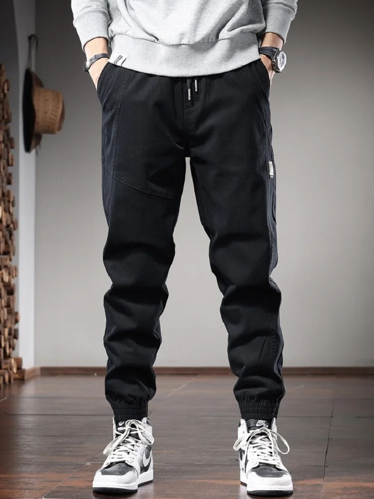 Fashion Black Casual Pants Men Autumn Elastic Waist Drawstring Joggers Trousers