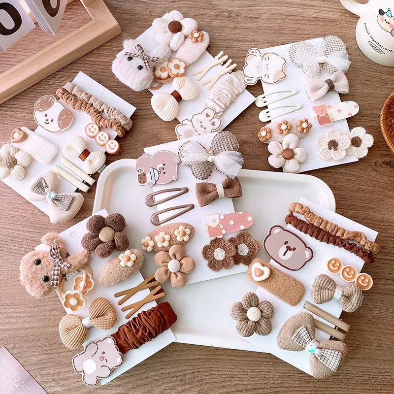 

9/10PCS Set Autumn Winter Cartoon Plush Bear Rabbit Cat Cloth Bow Hair Clips Girl Kids Cute Kawaii Fairy Hairpin Fashion Gift