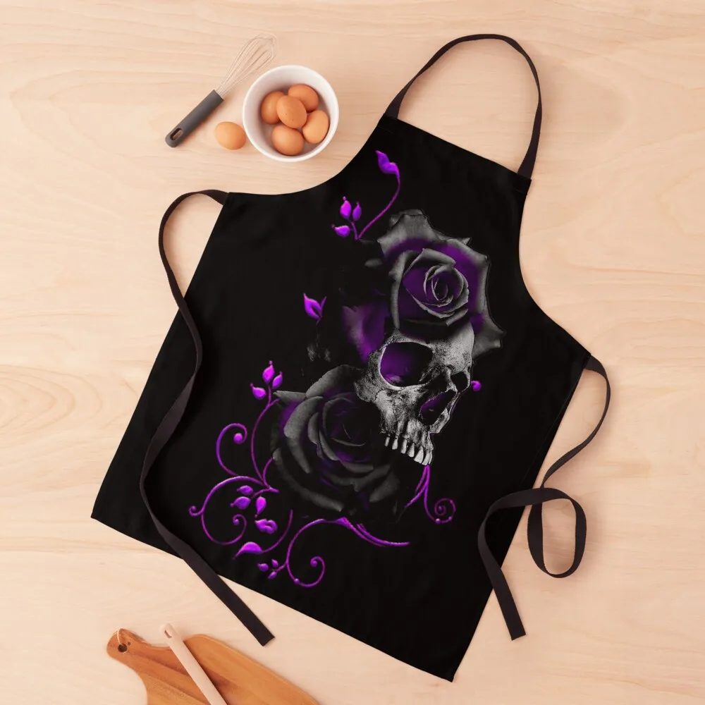 

Skull with Black and Purple Roses Apron Aprons Kitchen Chef Uniform Woman