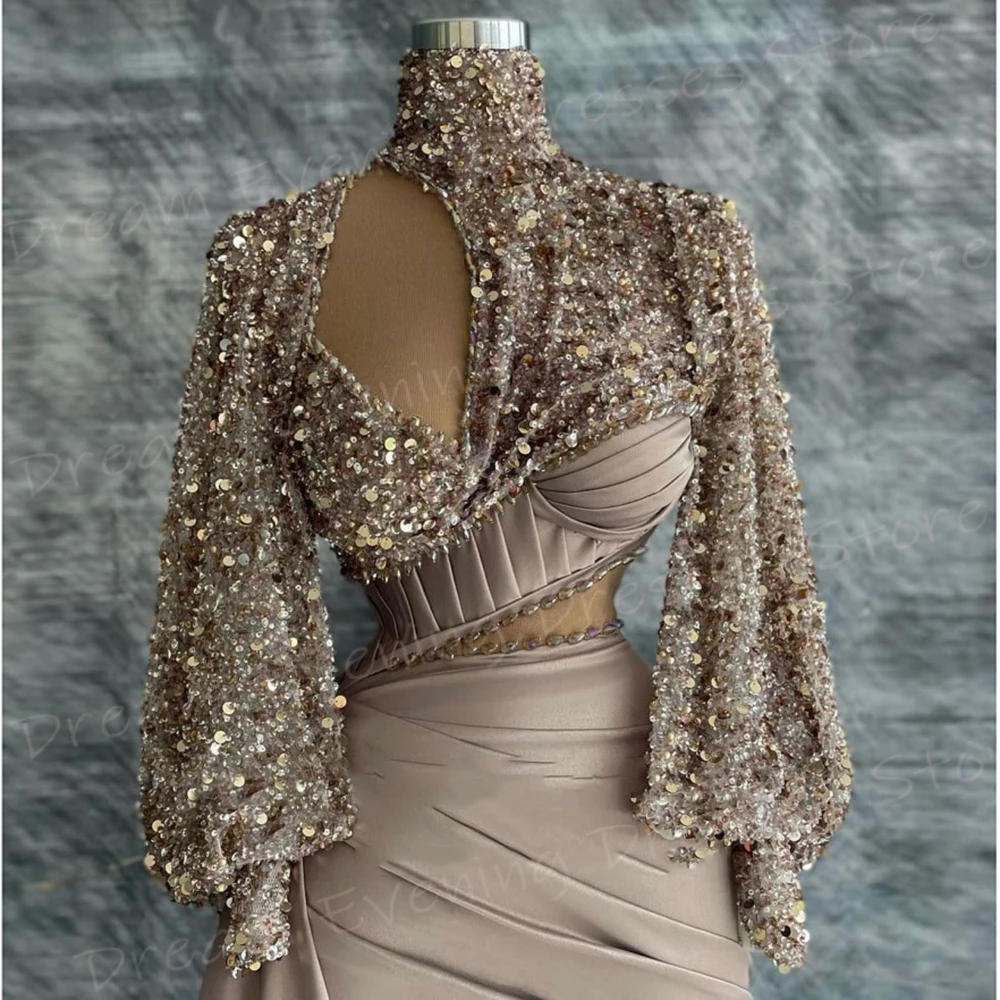 Graceful Mermaid Modern Evening Dresses High Neck Sequined Prom Gown Long  Sleeve | eBay