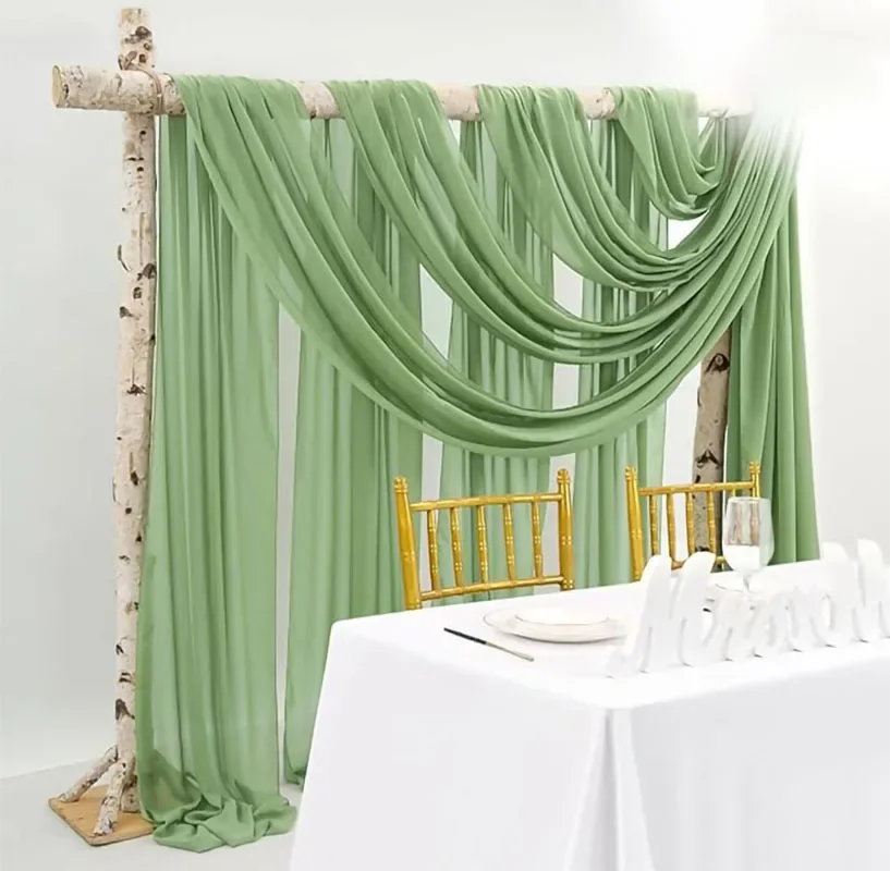 Elegant Sage Green Sheer Draping Curtains for Wedding and Event Decor