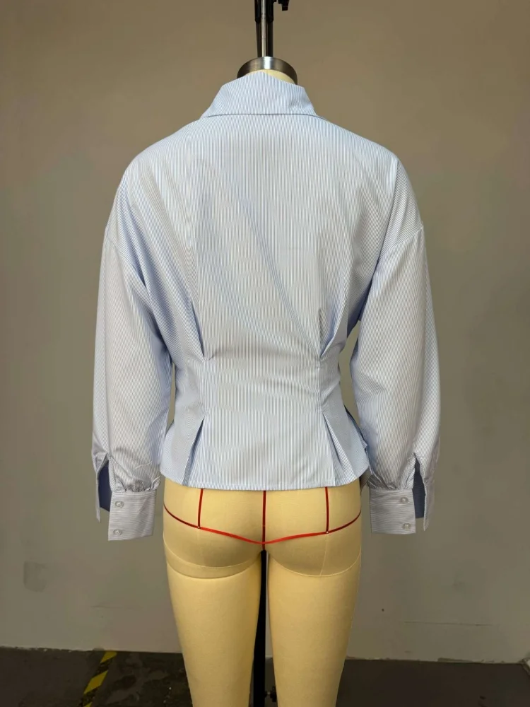 Wmstar Women Tops Wholesale New Design Style Lapel Cinched Waist Tie Short Striped Long Sleeved Shirt with Belt Drop Shopping