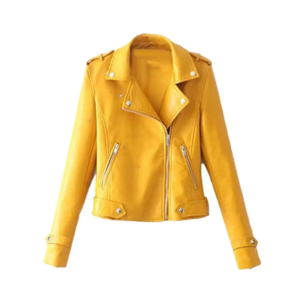 

Jacket Solid Color Women Long Sleeve Lapel Coat Faux Leather Motorcycle Zip Up Coat