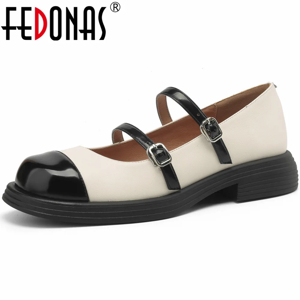 

FEDONAS Fashion Splicing Women Pumps Round Toe Genuine Leather Buckle Strap Mary Janes Casual Working Shoes Woman Spring Summer