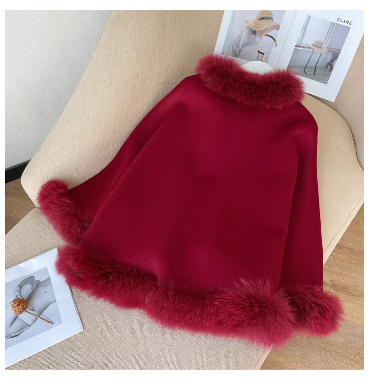 Warme Winterumhänge für Damen, Übergröße, Fledermausärmel, Poncho, 100 % Wollschals mit echtem Fuchspelzbesatz, luxuriöse Wraps – Detail 19