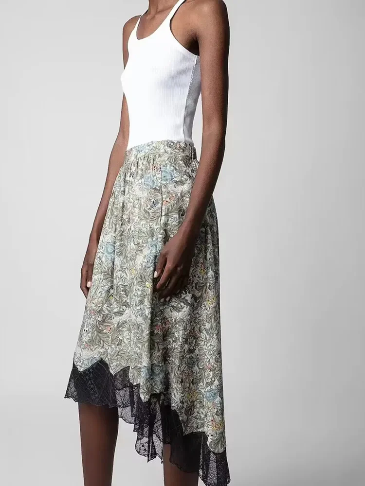 

Women's Midi Jupe 2023 New Spring Summer Irregular Floral Print Lace Trim High Waist Casual Skirt