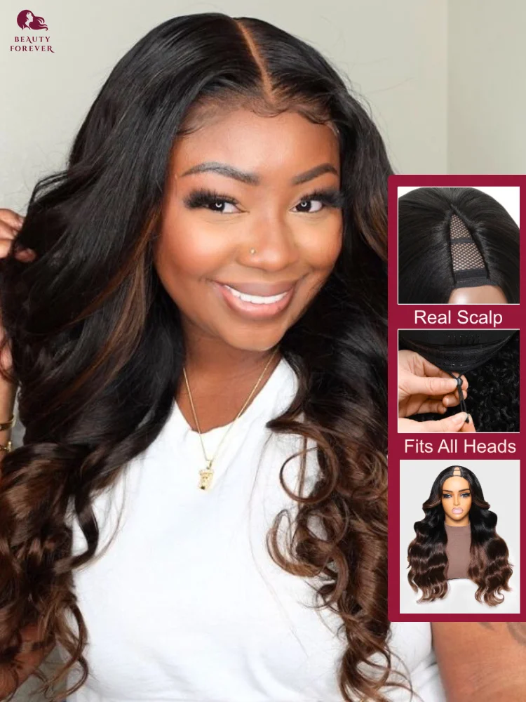 Human Hair Wigs Ombre Brown V Part Elastic DrawString Body Wave Remy Density 180%