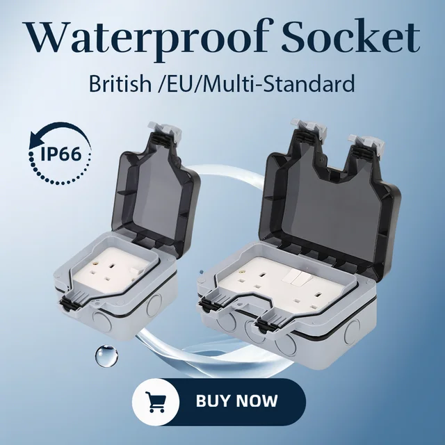 เต้ารับไฟฟ้ากันน้ำติดผนังภายนอก ปลั๊กแบบ UK 15A รองรับไฟ 90-250V มาตรฐาน IP66 ป้องกันฝุ่นและสภาพอากาศ 1