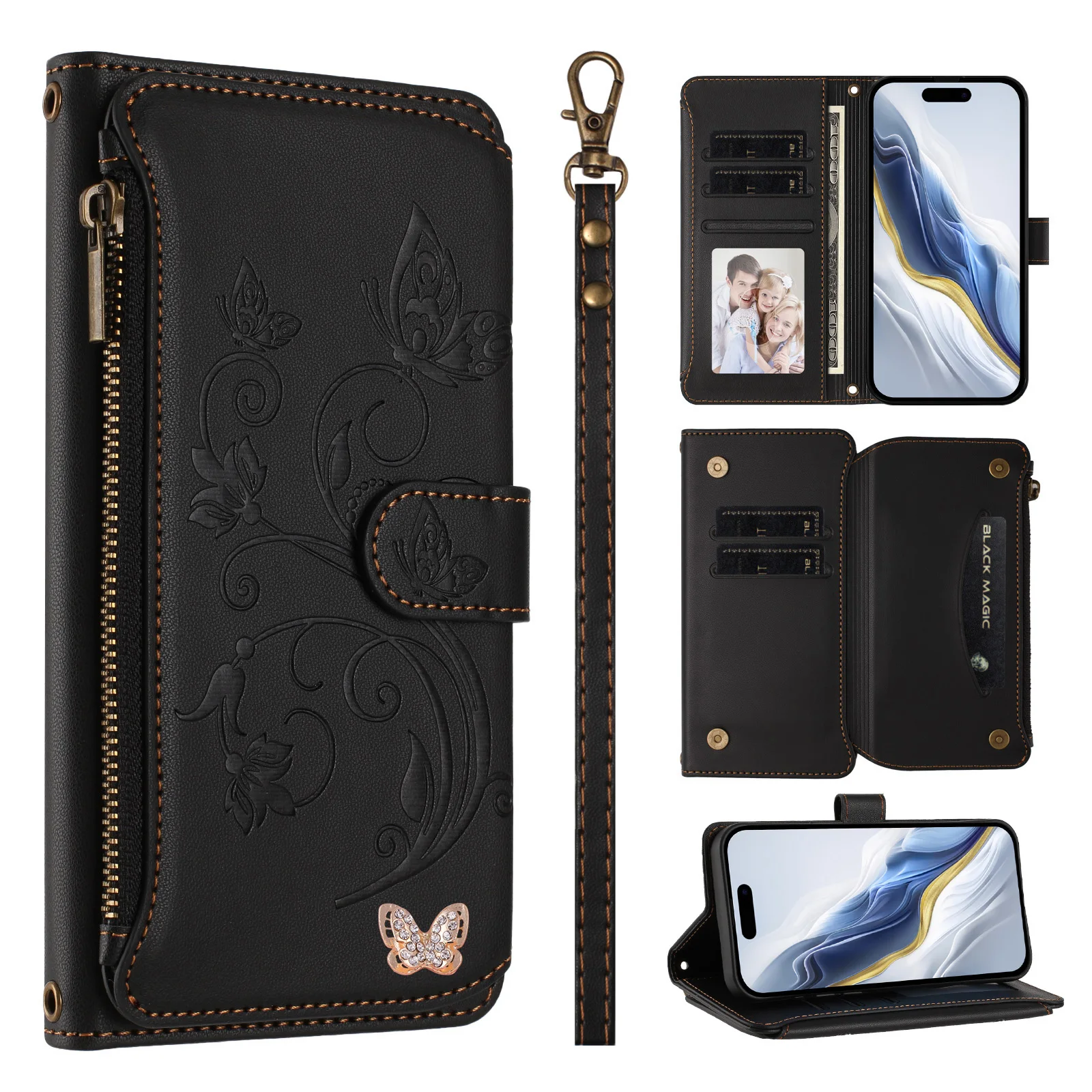 Wrist Zipper Wallet Case with Wireless Charging Leather Flip Cover and 5 Card Slots