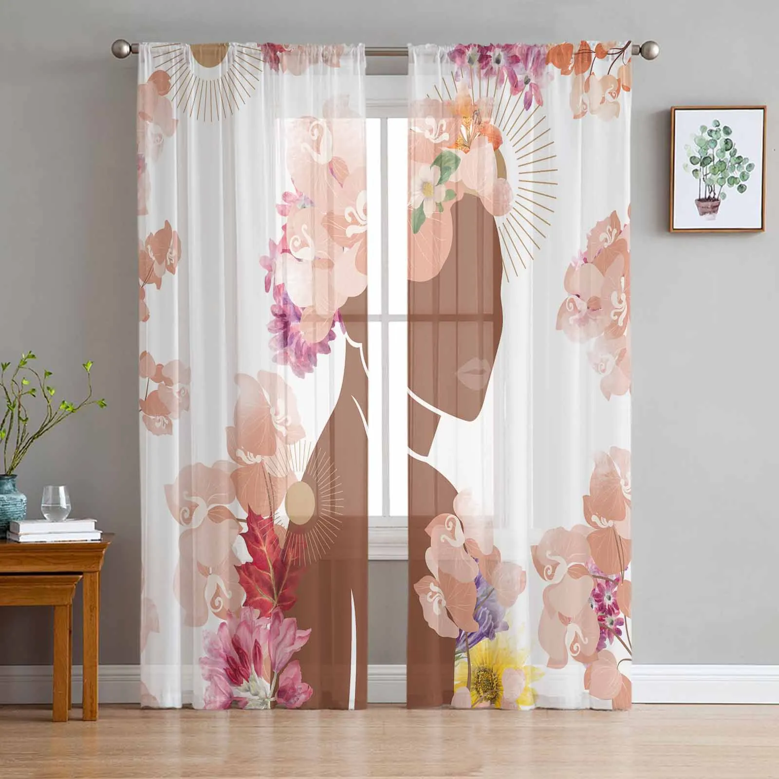 

Bohemian Style Floral Plants Brown Tulle Sheer Window Curtains for Living Room Kitchen Children Bedroom Voile Hanging Curtain