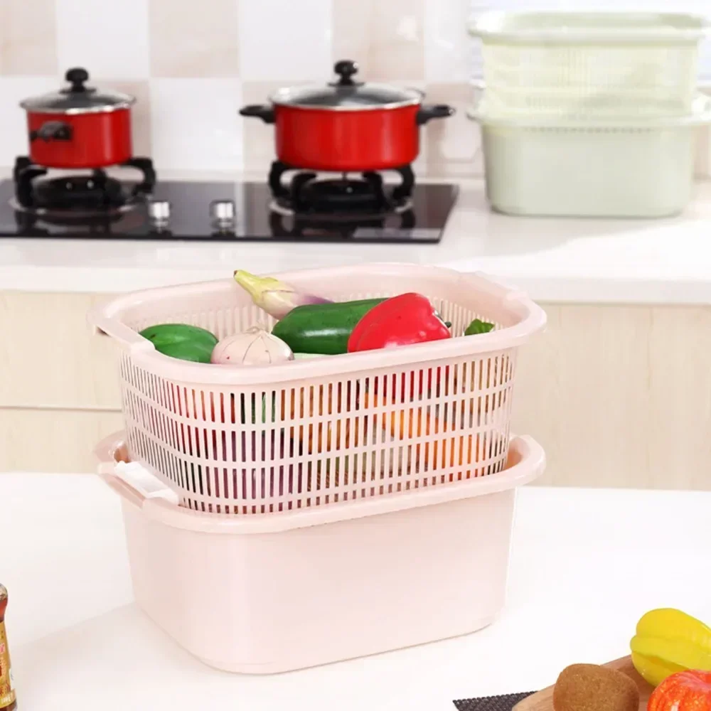 

Fruit Strainers Plastic Rectangle Vegetable Sundries Holder Double Washing Drain Basket Household Layers Kitchen
