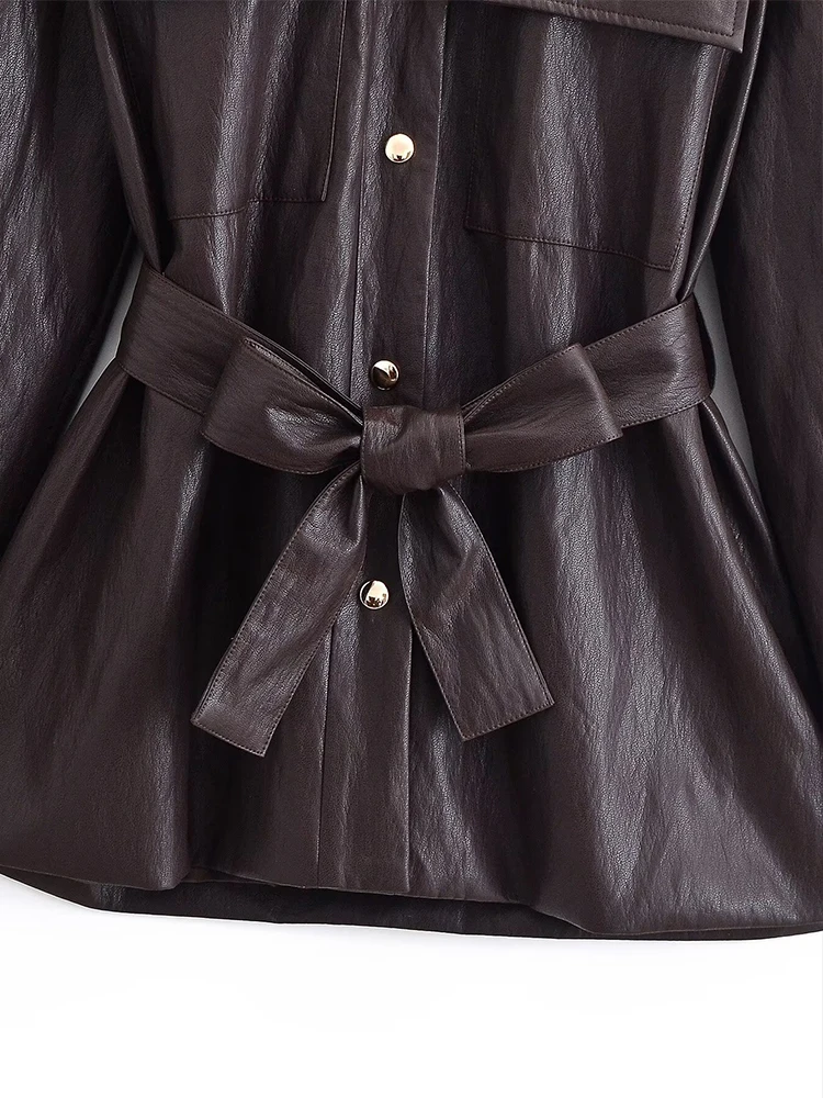 Women Faux Leather Jacket 2025 New Fashion With Belt Long Coat Chic Long Sleeve Single-Breasted Female High Street Outerwears ﻿