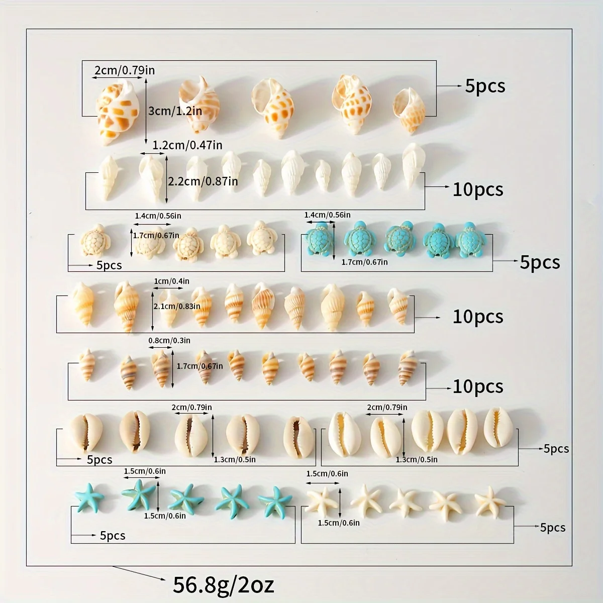 65개 사이즈 랜덤 천연 조개껍데기, 바다조개, 별, 거북이, DIY 수제 재료, 팔찌, 목걸이, 귀걸이, 액세서리