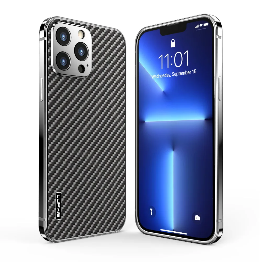 Luphie Luxury Metal Electroplated Edge Carbon Fiber Texture Phone Cover
