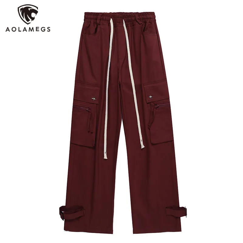 

Streetwear Star Button Patch Pockets Straight Sweatpant for Men Oversized Drawstring Solid Cargo Pants Casual Sports Trousers