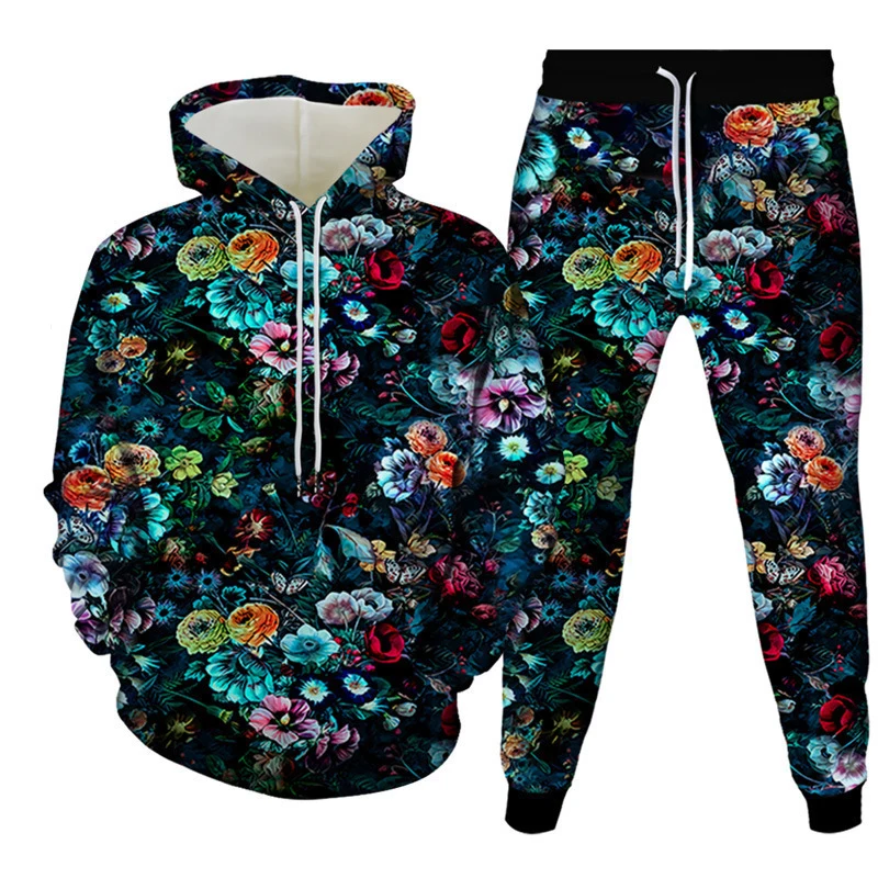 Mens Floral Hoodie Sweatpants Tracksuit