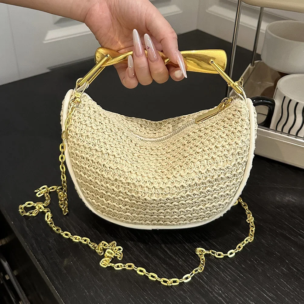 Women Elegant Knitting Sling Bag Zipper Closure Straw Crossbody Bag Summer Beach Shoulder Bag Seaside Straw Handbag