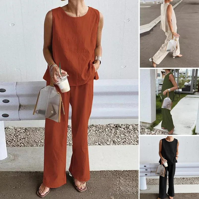 

Sleeveless Shirt Casual Wide-leg Pants Suit 2 Piece Sets Womens Outfits Women Clothing Streetwear