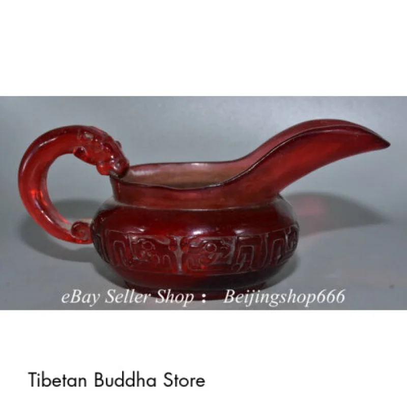 

9.6" Old Chinese Amber Carved Beast Face Dragon Handle Vessel Cup Statue
