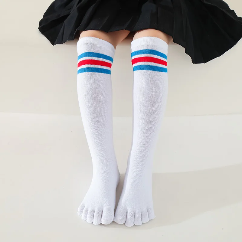 5 Pairs Kids Calf Socks with Toes Pure Cotton Warm Sport Long Black White Striped 5 Finger Stockings Baby Boys Girls Fashions