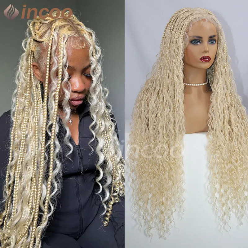 

Boho Box Braid Wigs Curly Ends Honey Blonde 613 Full Lace Bohemia Braided Square Lace Front Wigs Women Blonde Box Braided Wig 32