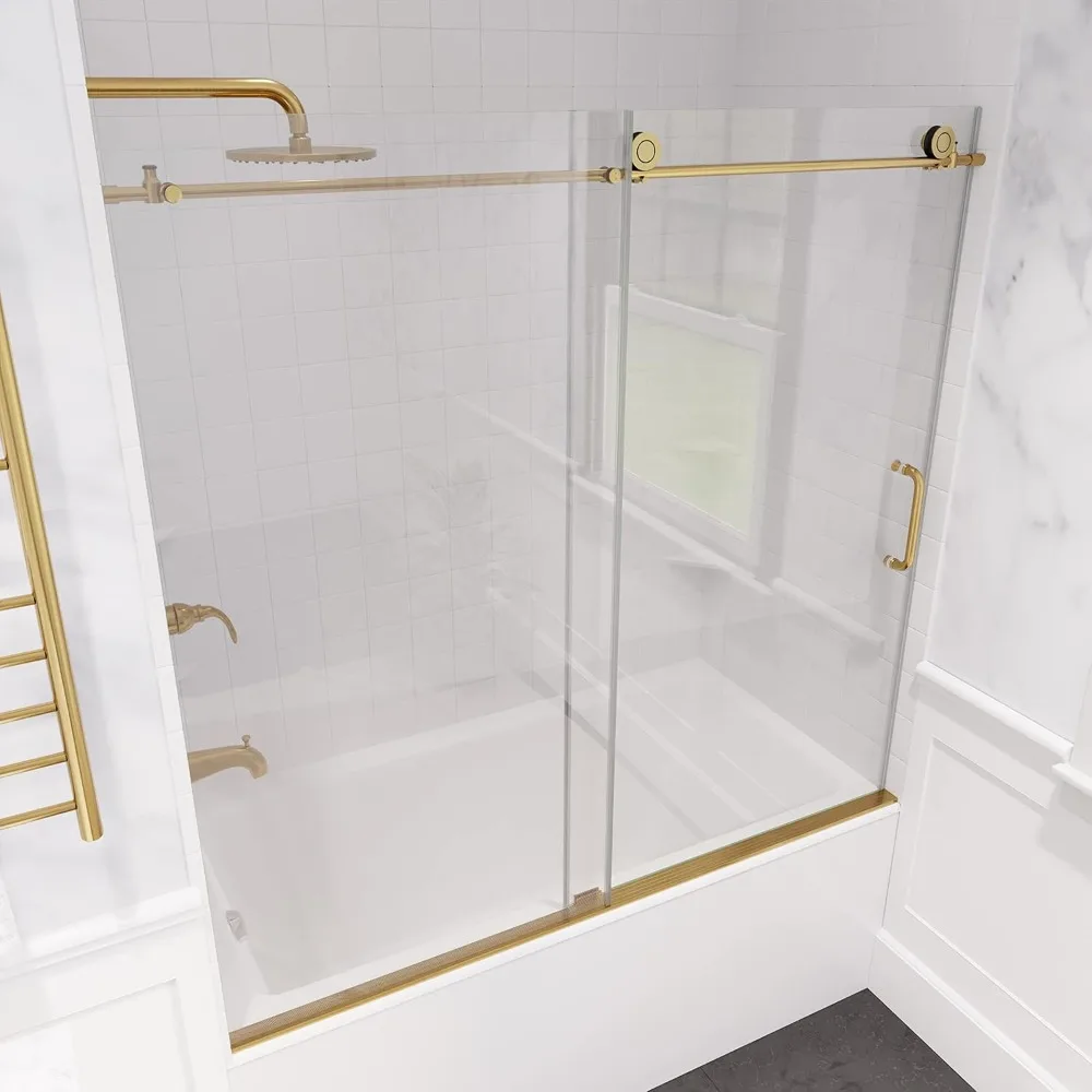 Frameless Bathtub Door, 60&ldquo; X 62&rdquo;, Brushed Gold Finish with Tempered Clear Glass, Sliding Shower Door