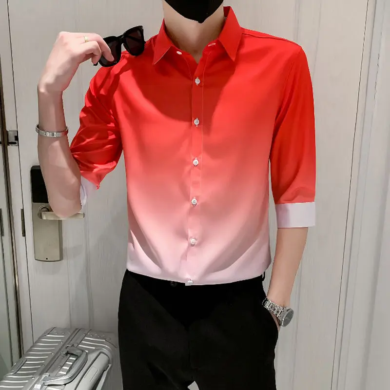 

Fashion Lapel Spliced Button Gradient Shirt Men's Clothing 2023 Summer New Oversized Casual Tops Loose Three Quarter Shirts