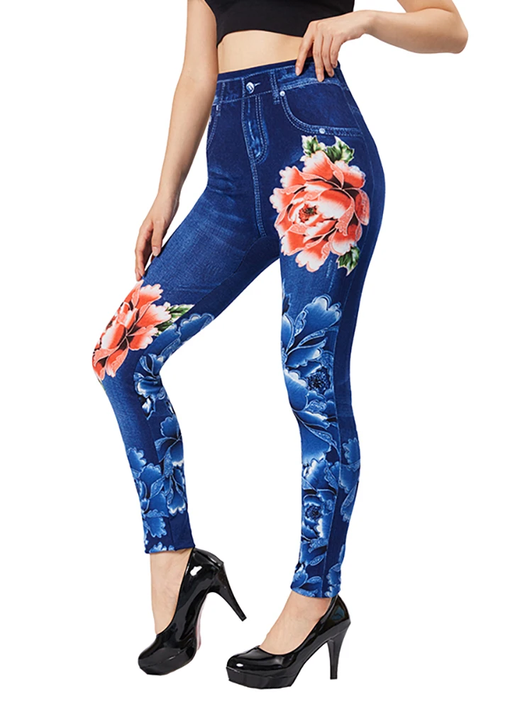 CUHAKCI Blue Red Flower Print Fake Pockets Jeans Stretch False Jeggings  Women Slim Fit Leggings Plus Size Imitation Denim Pants