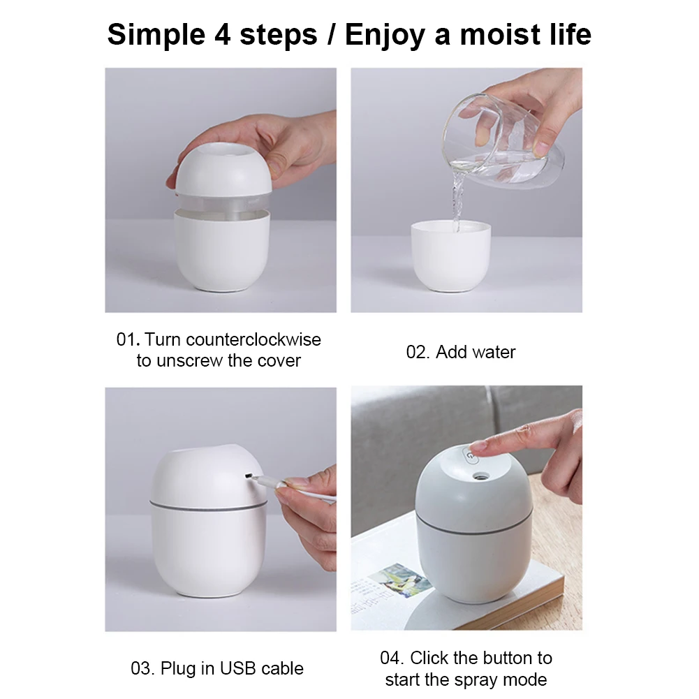 1Pc USB Portable Air Humidifier 220ml Essential Oil Diffuser Auto Shutoff LED Light Home Car Mist Maker Face Steamer