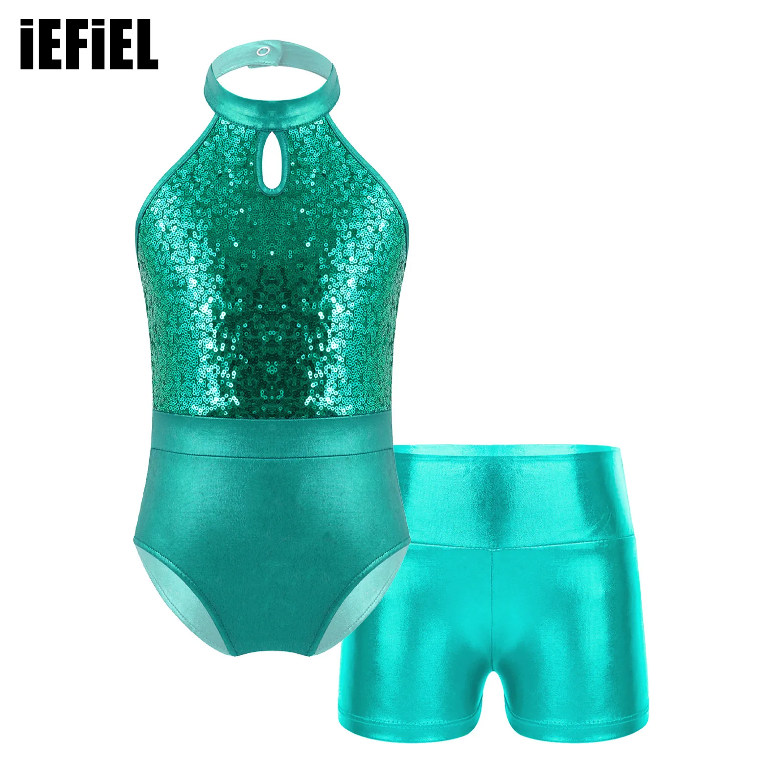 

Детский костюм без рукавов с лямкой на шее и блестками, трико в стиле пэчворк с шортами с высокой талией для танцев, гимнастики и выступлений