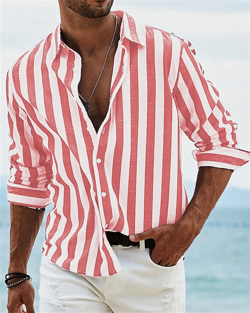 2023 New men's long-sleeved blue striped printed shirt men's